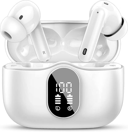 Btootos Wireless Earbuds, Bluetooth 5.4 Headphones Bass Stereo, Ear Buds with Noise Cancelling Mic, LED Display in Ear Earphones Clear Calls, IP7 Waterproof Bluetooth Earbuds for Phones/Sports/Laptop, White