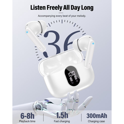 Btootos Wireless Earbuds, Bluetooth 5.4 Headphones Bass Stereo, Ear Buds with Noise Cancelling Mic, LED Display in Ear Earphones Clear Calls, IP7 Waterproof Bluetooth Earbuds for Phones/Sports/Laptop, White