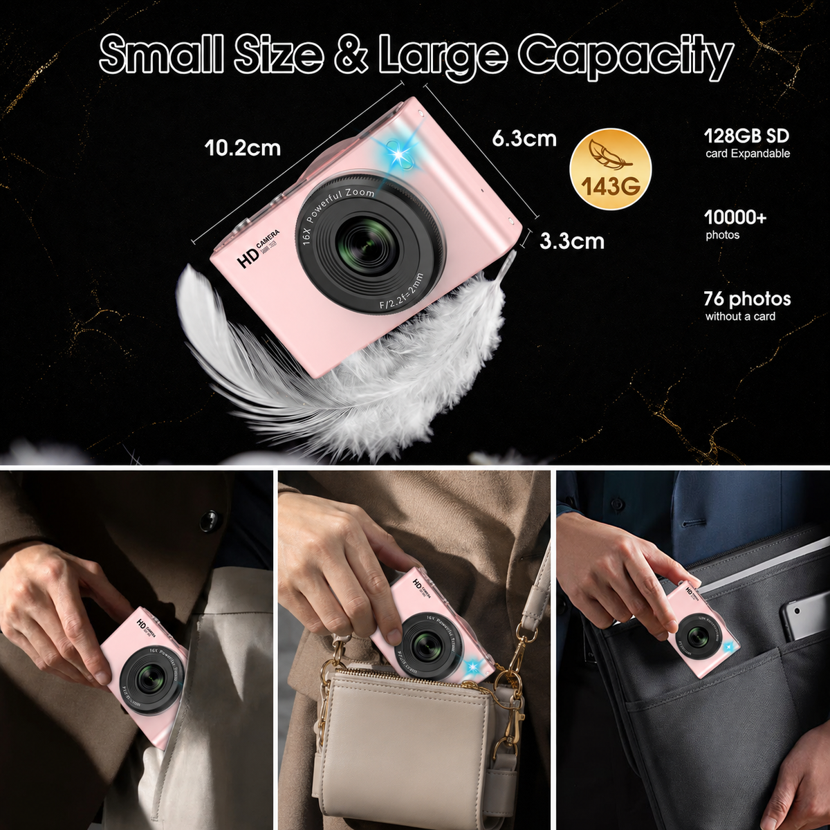 Geryst 4K 64MP Shoot Digital Camera for Kids, Teens, Beginners, Autofocus Point-and-Shoot Camera with 2.4" 180° Flip Screen, 16X Digital Zoom, Anti-Shake, Usb-c, Selfie Vlogging Camera for Travel,Gifts,Pink