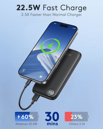 Btootos Fast Charging Power Bank, 10000mah Portable Charger for iPhone, 22.5W USB C in&Out Battery Pack Phone Charger Portable, Slim Powerbank for iPhone 17/16/15 Series, Samsung, Google,Android