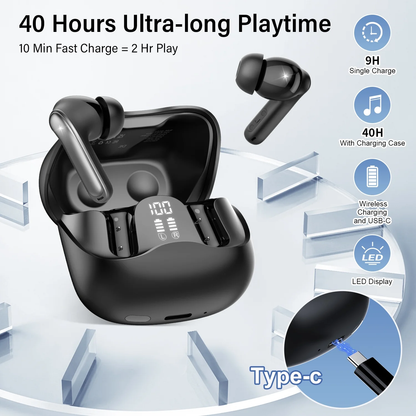 Wireless Earbuds Bluetooth 5.4 Headphone 48H Deep Bass LED Power Display Earphones with 4 Mic Clear Call Ear Buds Noise Cancelling IPX7 Waterproof in-Ear Earbuds for iPhone Android Black