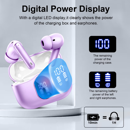 Btootos Wireless Earbuds, Bluetooth 5.4 Headphones Bass Stereo, Ear Buds with Noise Cancelling Mic, LED Display in Ear Earphones Clear Calls, IP7 Waterproof Bluetooth Earbuds for Laptop/Phones/Sports, Purple