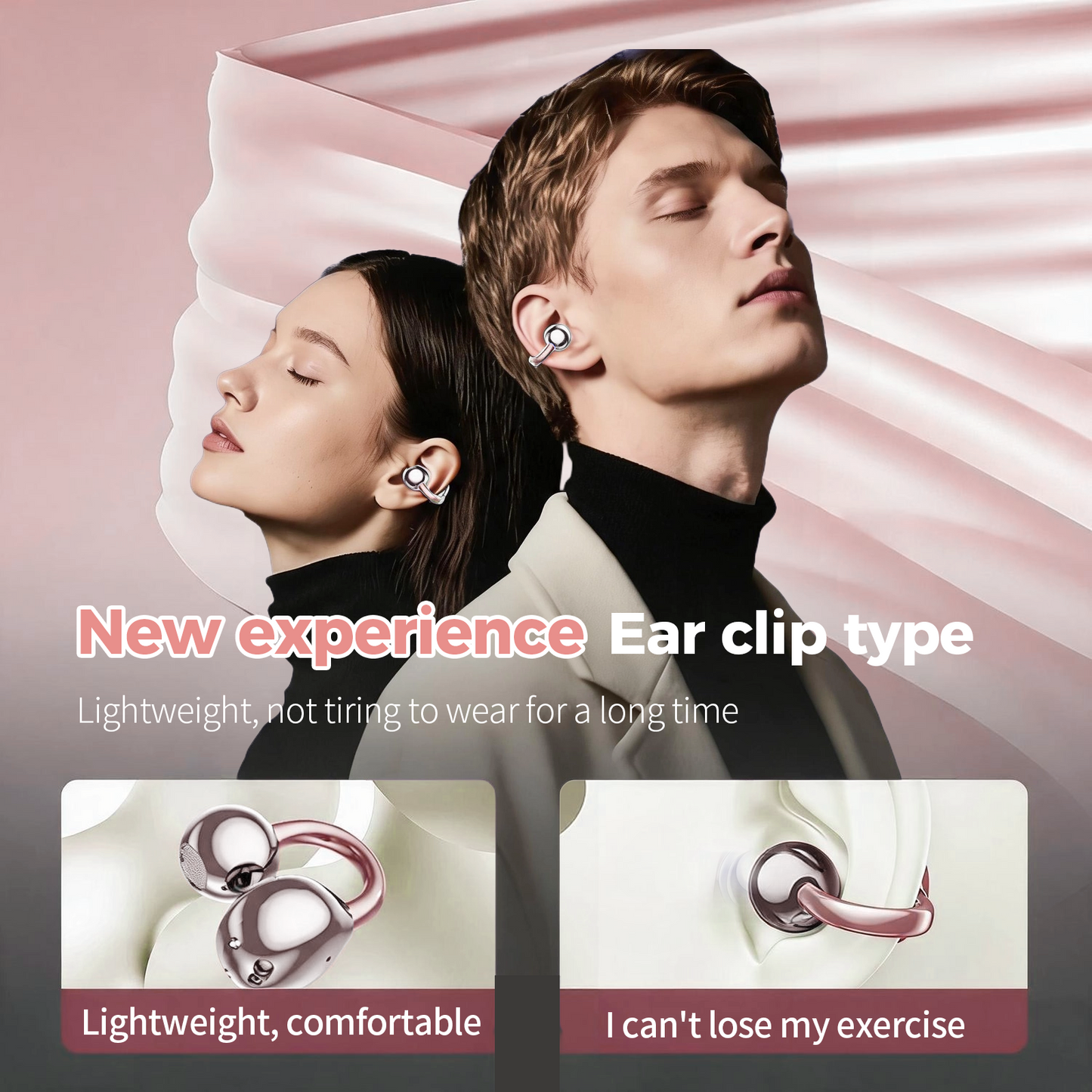 Clip on Earbuds Bluetooth 5.4, Open Ear earbuds Wireless with Mic, Lightweight Comfort, Small-Ear Friendly Bluetooth Earbuds, 60H Sport Ear Buds, IP7 Waterproof Noise Cancelling Headphones, Rose Gold