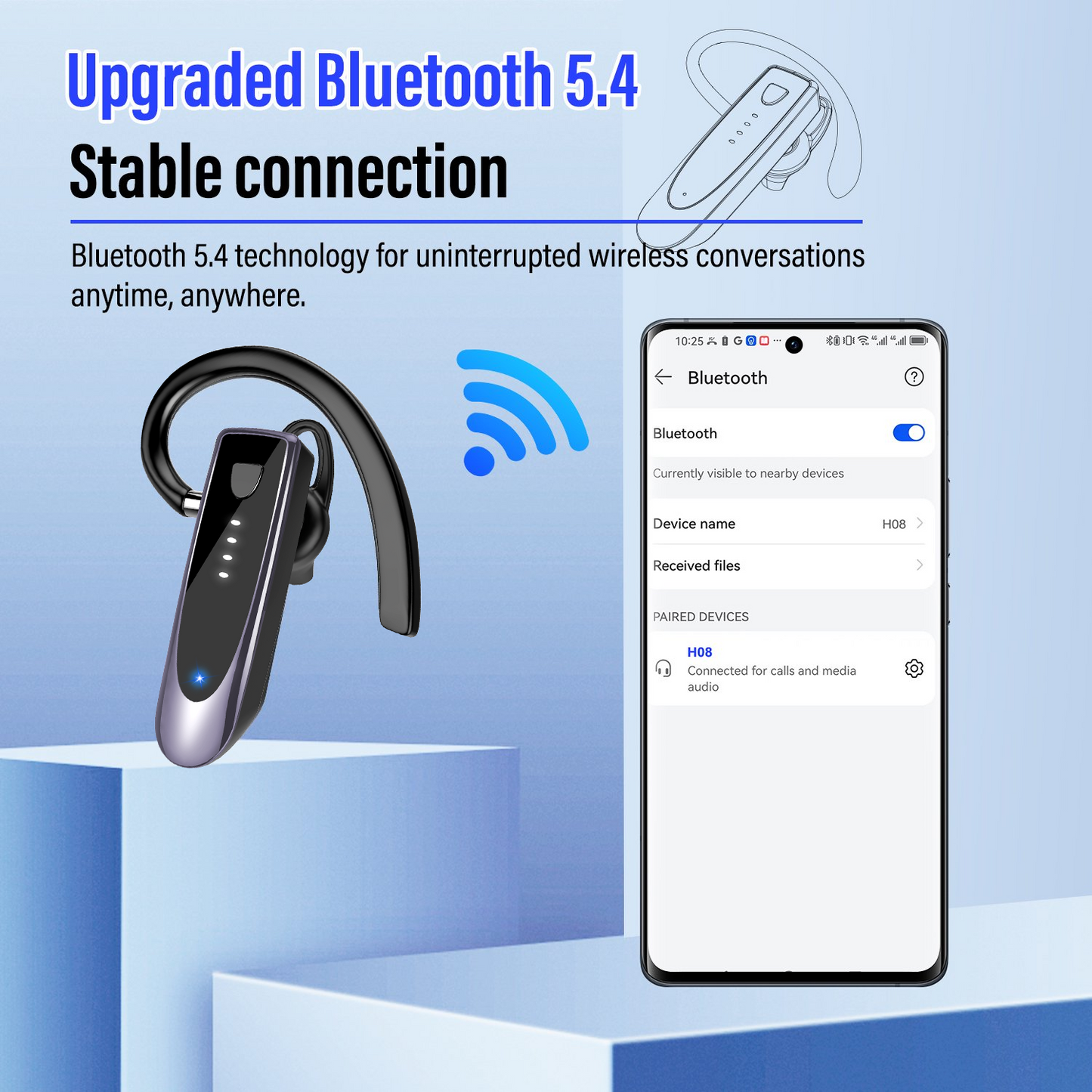 Bluetooth Headset V5.4, Single-Ear Wireless Earpiece with ENC Noise Canceling Mic, 20Hrs Call Time Handsfree Wireless Earbuds, 180 Hrs Standby Time Headphones for iOS Android /Office/Drivin
