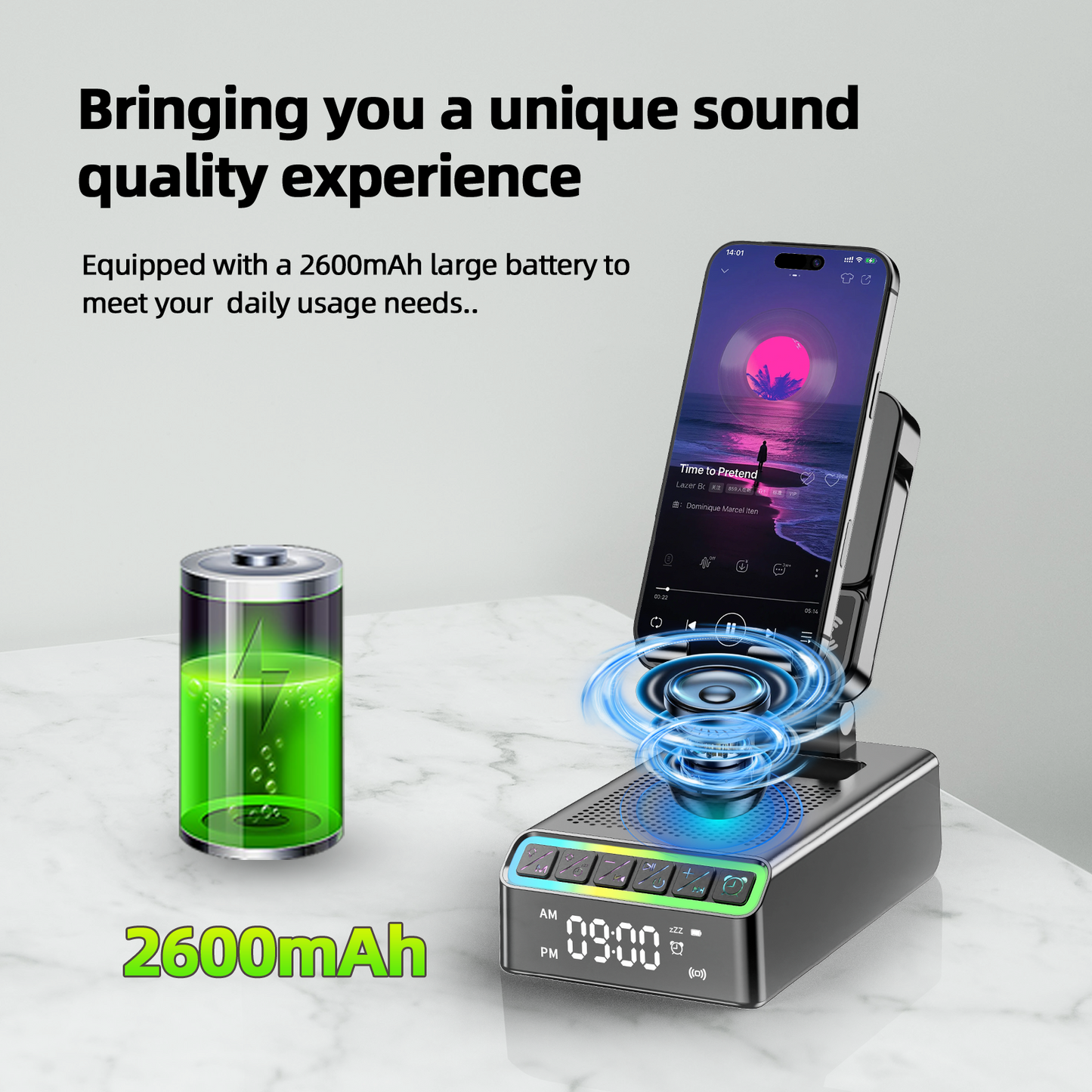 Wireless Induction Speaker/Phone Stand,9-in-1 Bluetooth 6.0 Speaker | (Landscape/Portrait)Induction,Stereo Sound,Adjustable Phone Holder,RGB/Alarm Clock,Home Office,Gifts for Men Women