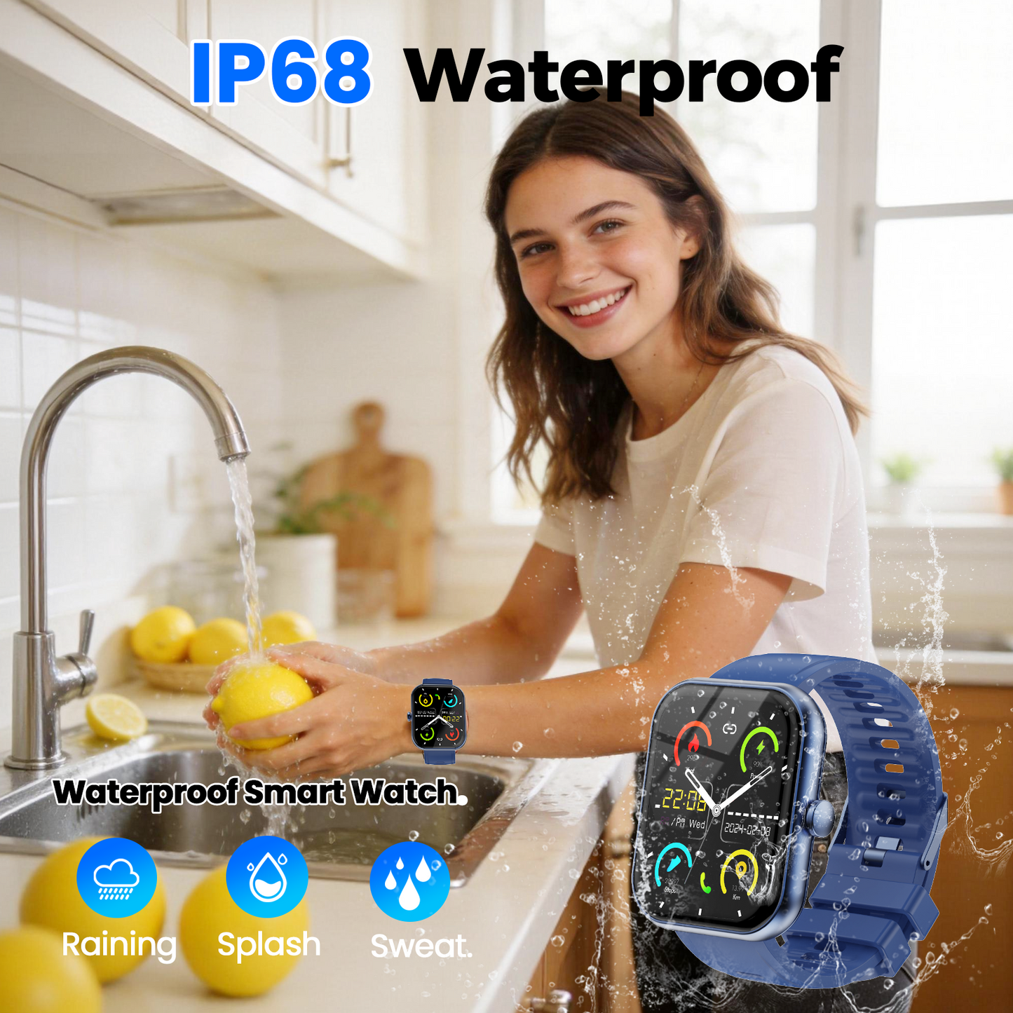 Geryst Smart Watch Fits for Android and iPhone, 1.96" HD Smartwatch for Men Women Bluetooth Answer/Make Calls/110+ Sports Modes/Message Reminder/Sleep, IP68 Waterproof Fitness Tracker, Perfect Gift（Blue）