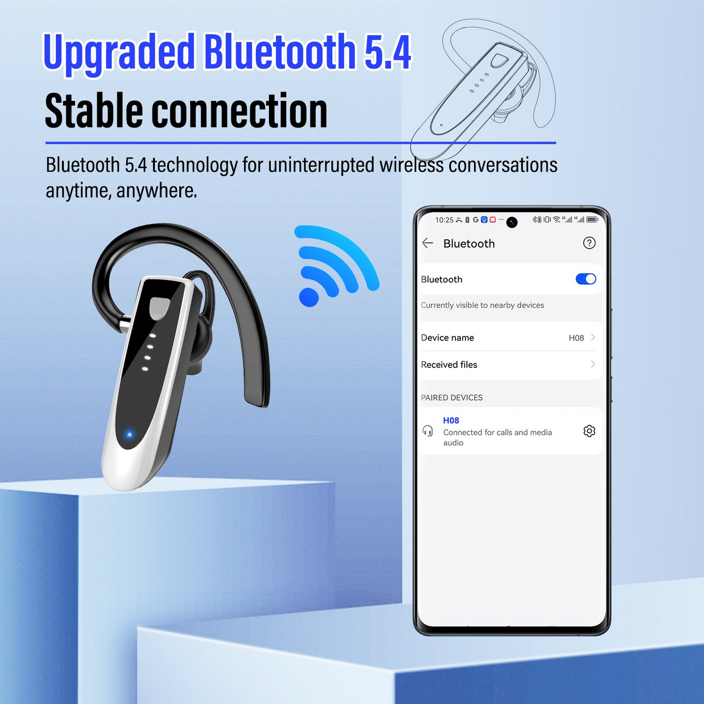 Bluetooth Headset V5.4, Single-Ear Wireless Earpiece with ENC Noise Canceling Mic, 20Hrs Call Time Handsfree Wireless Earbuds, 180 Hrs Standby Time Headphones for iOS Android /Office/Drivin
