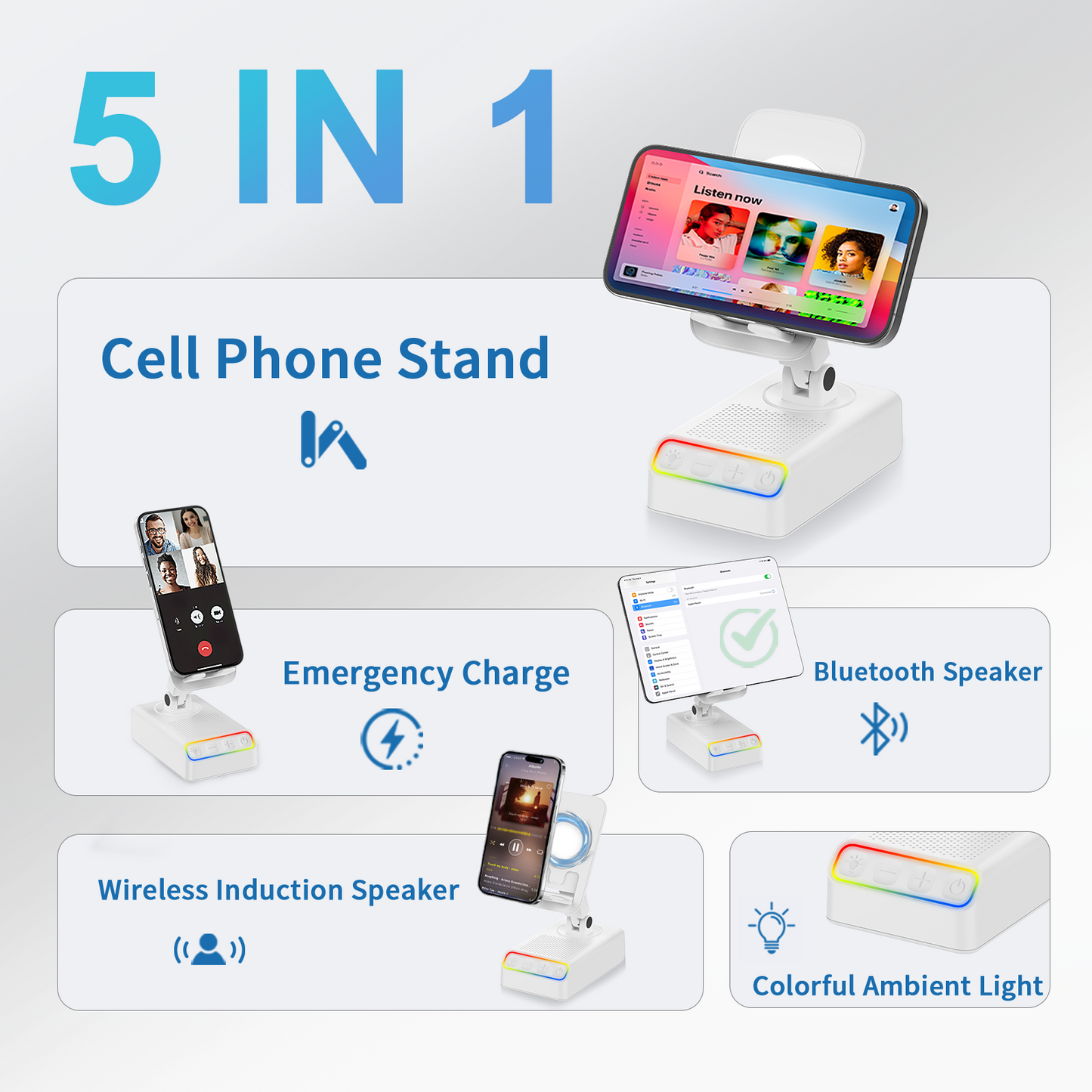 Geryst Adjustable Cell Phone Stand with Wireless Induction Bluetooth Speaker, HD Surround Sound, Color-Changing LED Light, and Non-Slip Phone Holder – Perfect for Yoga and Kitchen, a Great Gift for Everyone