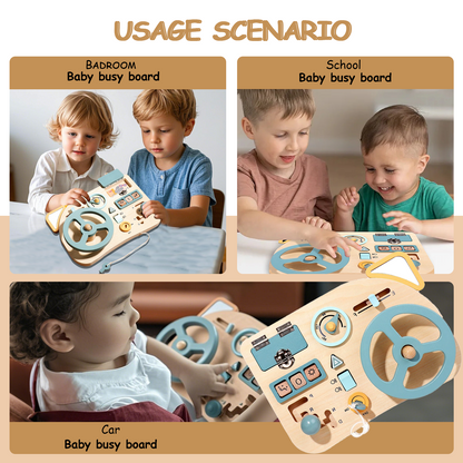 QXQ Montessori Busy Board Toy for Toddlers, Car Wooden Steering Wheel Sensory Board Educational Toys with 10 Motor Skills Activity, Driving Scene Travel Toys Toddlers Toy Gift for Boys and Girls
