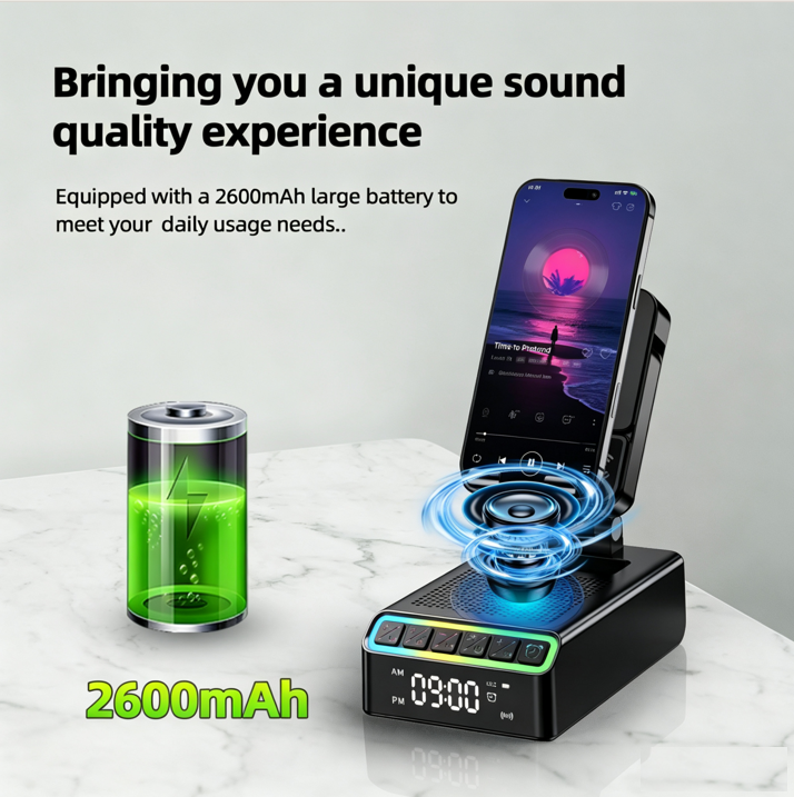 Geryst Wireless Induction Speaker/Phone Stand,9-in-1 Bluetooth 6.0 Speaker | (Landscape/Portrait)Induction,Stereo Sound,Adjustable Phone Holder,RGB/Alarm Clock,Home Office,Gifts for Men Women