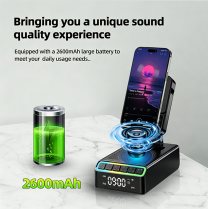 Geryst Wireless Induction Speaker/Phone Stand,9-in-1 Bluetooth 6.0 Speaker | (Landscape/Portrait)Induction,Stereo Sound,Adjustable Phone Holder,RGB/Alarm Clock,Home Office,Gifts for Men Women