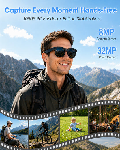 Coucur AI Smart Glasses with Camera, 8MP HD Camera & Video Recording Glasses, 139 Languages Real-Time Translation, ChatGPT Voice Assistant, Open-Ear Audio, Blue Light Blocking for Travel, Meetings &Vlog
