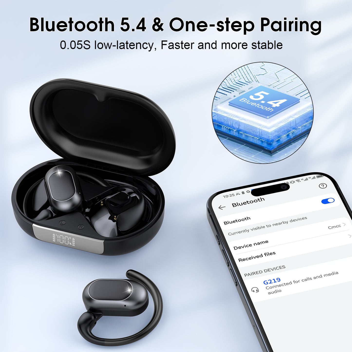Btootos Open Ear Earbuds, Bluetooth 5.4 Headphones, Wireless Earbuds with Ear Hooks,70H HiFi Stereo Open Ear Headphones with Mic, IP7 Waterproof Lightweight Air Conduction Headphones for Workouts and Running