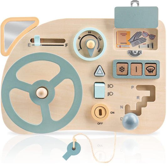 QXQ Montessori Busy Board Toy for Toddlers, Car Wooden Steering Wheel Sensory Board Educational Toys with 10 Motor Skills Activity, Driving Scene Travel Toys Toddlers Toy Gift for Boys and Girls