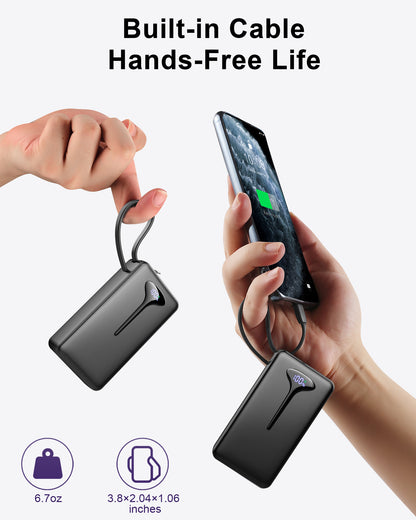 MUGO Portable Charger 10000mAh, Power Bank with LED Display and 22.5W Fast Charging, Battery Pack USB-C In and Out with Built-in Cable, Featuring Compatibility with iPhone, Android and Samsung and Travel