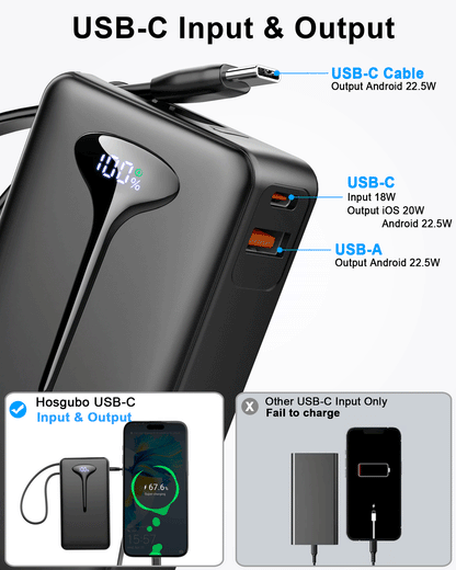 MUGO Portable Charger 10000mAh, Power Bank with LED Display and 22.5W Fast Charging, Battery Pack USB-C In and Out with Built-in Cable, Featuring Compatibility with iPhone, Android and Samsung and Travel