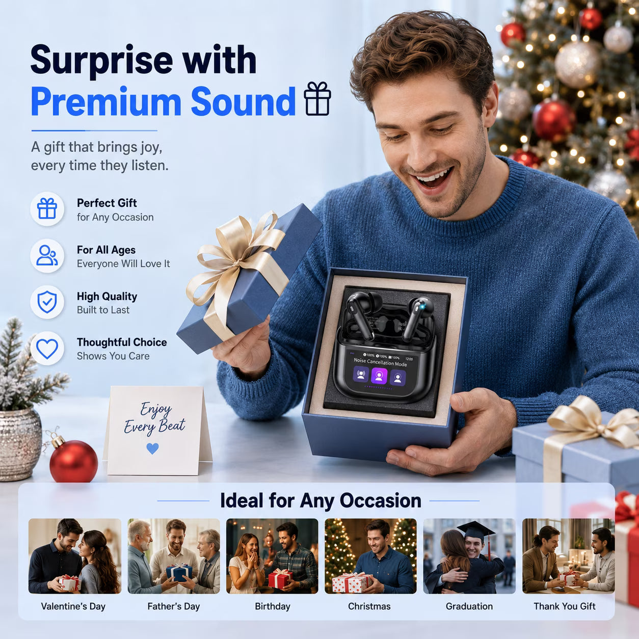 Btootos Touch Screen Wireless Earbuds, Headphones Bluetooth 5.4 Ear Buds with ANC and ENC Clear Calls, 48H Noise Cancelling Earbud, 14.2mm Deep Bass, 5 EQ Modes, IPX7 Waterproof Earphones, for iOS Android