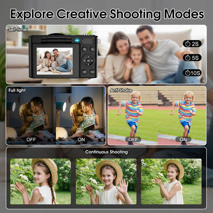 Geryst 4K 64MP Shoot Digital Camera for Kids, Teens, Beginners, Autofocus Point-and-Shoot Camera with 2.4" 180° Flip Screen, 16X Digital Zoom, Anti-Shake, Usb-c Selfie Vlogging Camera for Travel, Gifts