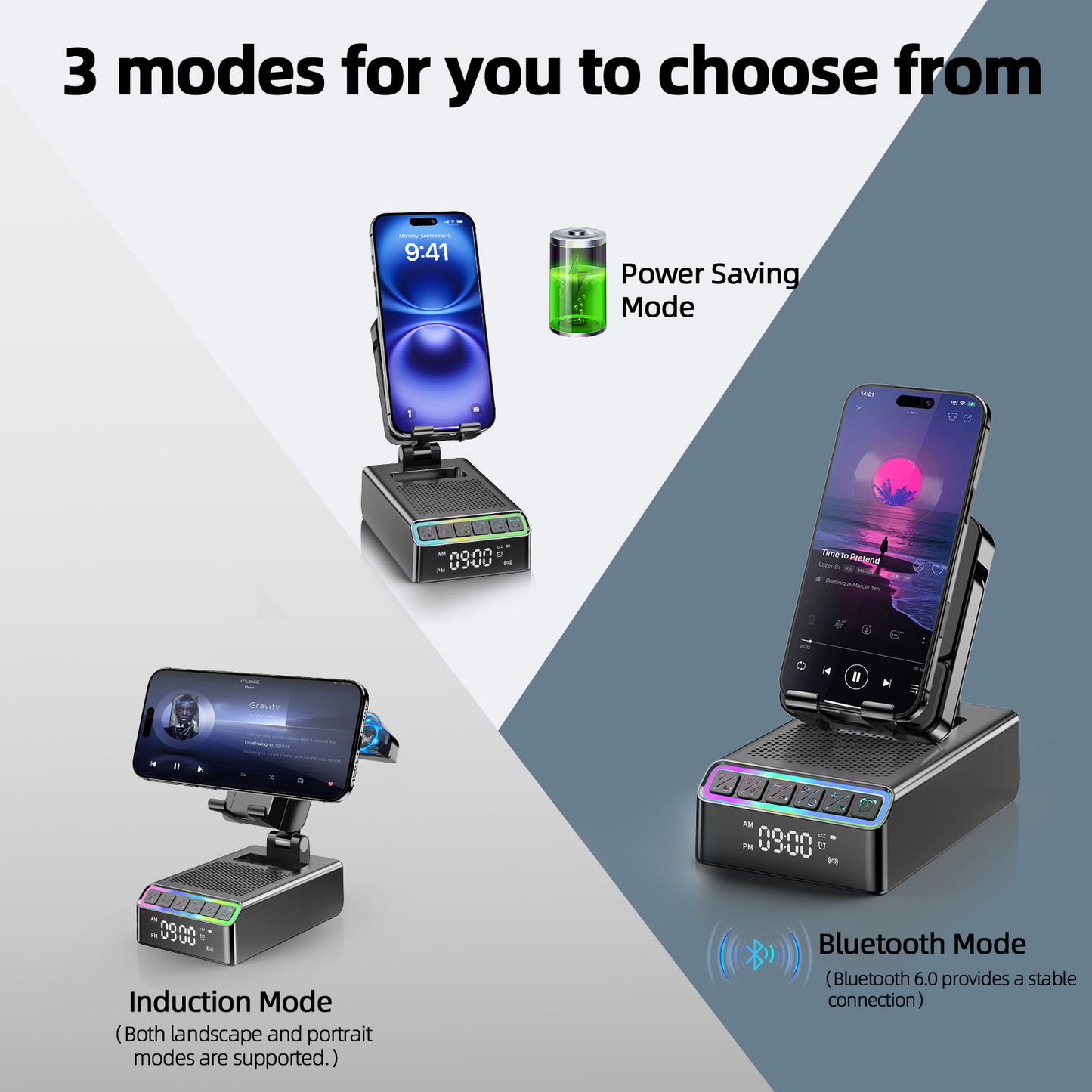 Wireless Induction Speaker/Phone Stand,9-in-1 Bluetooth 6.0 Speaker | (Landscape/Portrait)Induction,Stereo Sound,Adjustable Phone Holder,RGB/Alarm Clock,Home Office,Gifts for Men Women