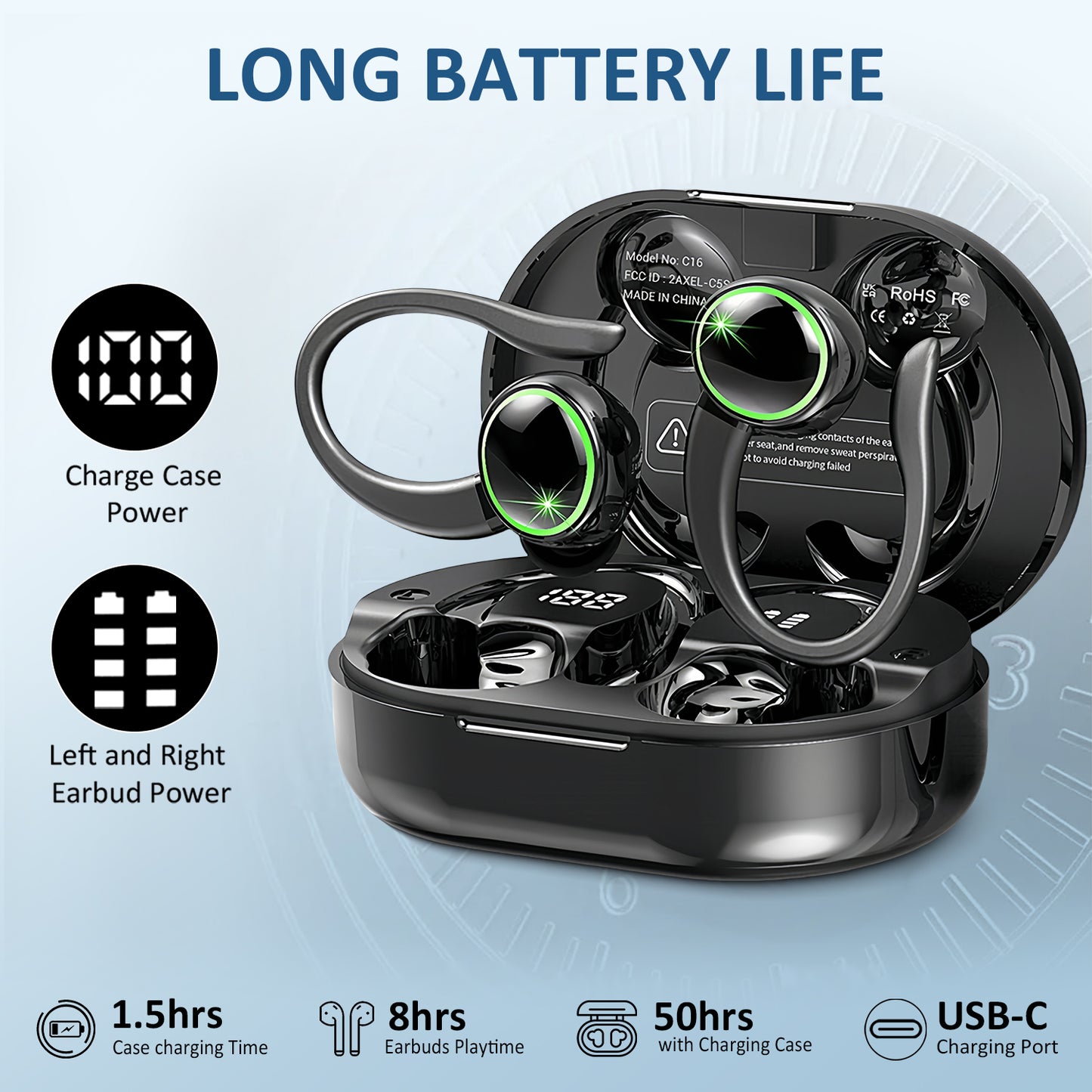 Aptkdoe Wireless Earbuds, Bluetooth 5.4 Headphones Sports, 50H Playback Over-Ear buds with ENC Noise Cancelling Mic, Deep Bass Fitness Earphones Gym Running Workout with Earhooks, IP7 Waterproof Headset