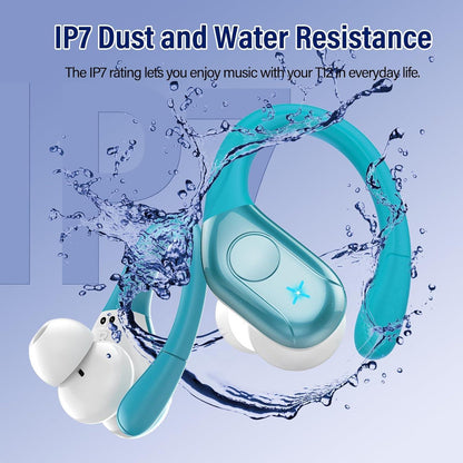 Qecnato Wireless Earbuds Bluetooth 5.4 Headphones 75H Stereo Deep Bass Sports Over Ear Buds with Earhooks, LED Display Bluetooth Earbuds with 4 ENC Mic, IP7 Waterproof Earphone for Running, Blue
