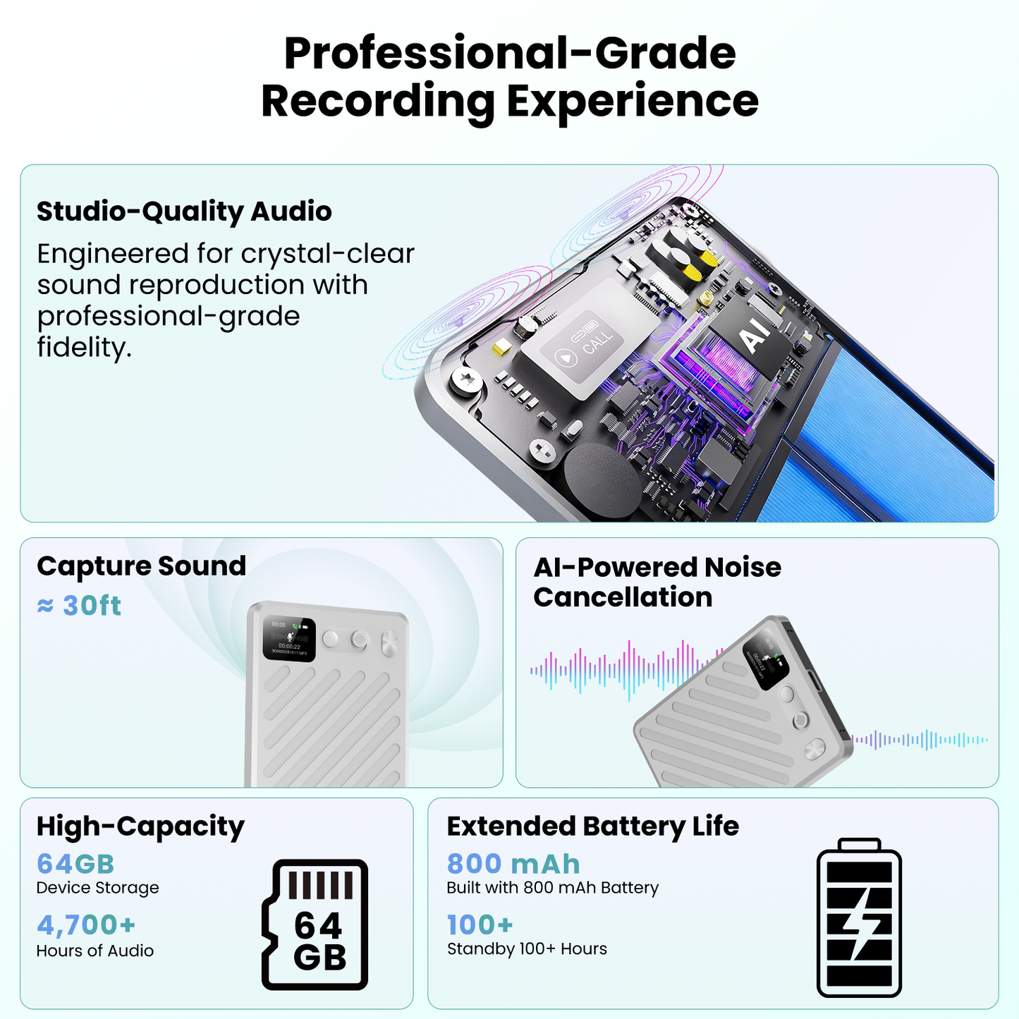 Btootos AI Voice Recorder, Real-Time Transcribe & Summarize, Real time translation of audio and video, Noise Cancellation Technology, 132 Languages, 100H Continious Record, for Meetings, Lectures, Calls, 64G