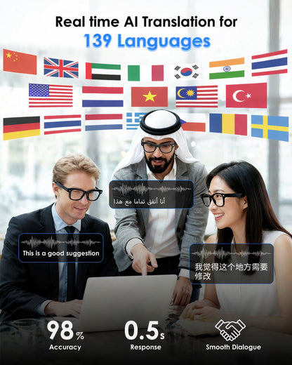 Coucur AI Smart Glasses with Camera, 8MP HD Camera & Video Recording Glasses, 139 Languages Real-Time Translation, ChatGPT Voice Assistant, Open-Ear Audio, Blue Light Blocking for Travel, Meetings &Vlog