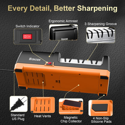 Knife Sharpener, Electric Knife Sharpener, Kitchen Knife Sharpener, Professional 3-Stage System with Diamond Abrasives and Angle Guide for Chef, Santoku, Cleaver, Bread and Ceramic Knives