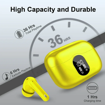 Btootos Wireless Earbuds, Bluetooth 5.4 Headphones Bass Stereo, Ear Buds with Noise Cancelling Mic, LED Display in Ear Earphones Clear Calls, IP7 Waterproof Bluetooth Earbuds for Laptop/Phones/Sports, Yellow