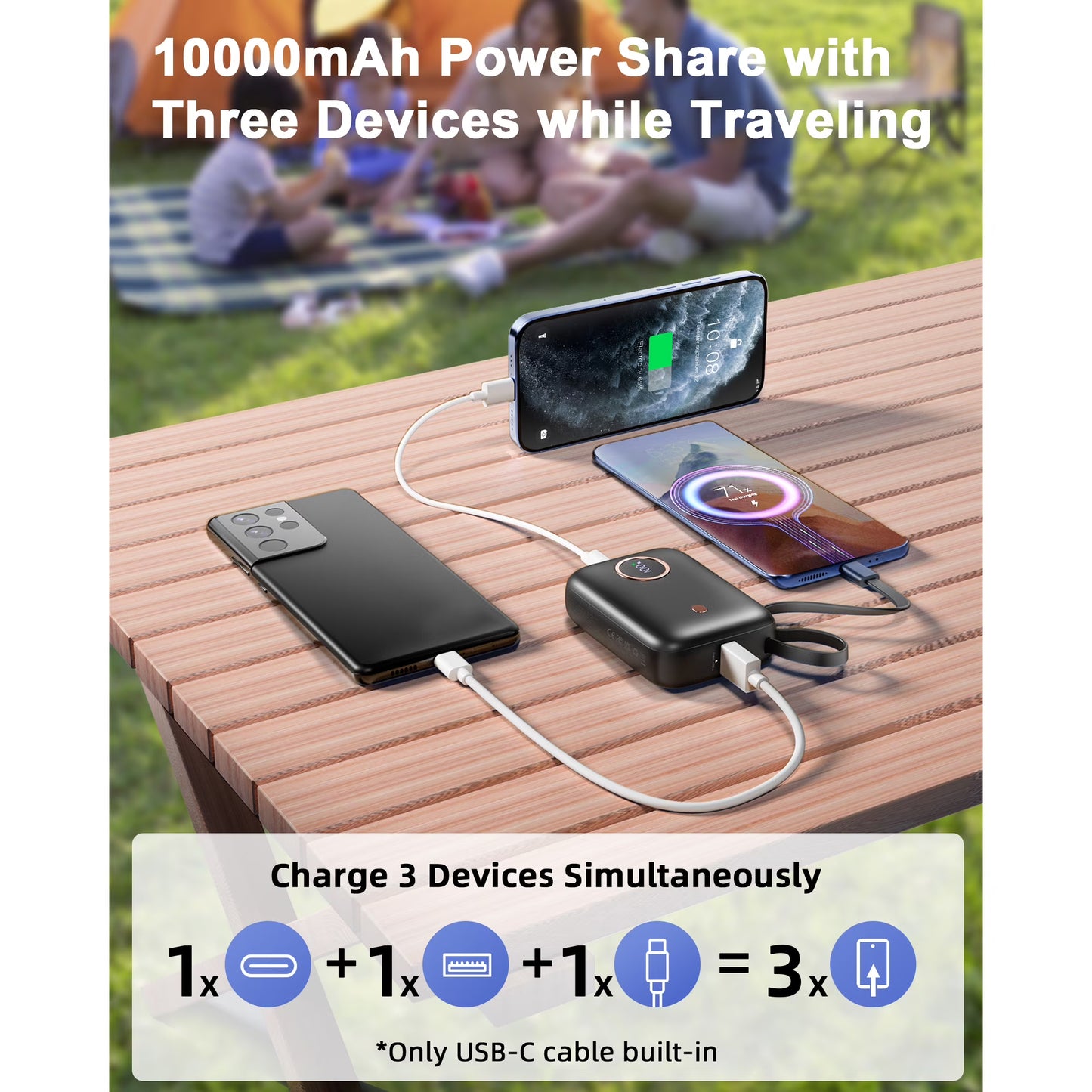 Btootos Power Bank, 10000mAh Mini Portable Charger 22.5W Fast Charging, Ultra Portable Powerbank with Integrated USB C Cable, External Batteries with 3 Output Ports for iPhone  Samsung Xiaomi Android iPad