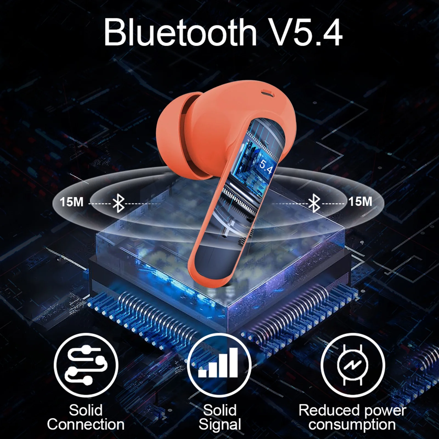 Btootos Wireless Earbuds, Bluetooth 5.4 Headphones Bass Stereo, Ear Buds with Noise Cancelling Mic, LED Display in Ear Earphones Clear Calls, IP7 Waterproof Bluetooth Earbuds for Laptop/Phones/Sports, Orange