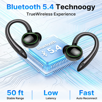 Btootos Wireless Earbuds, Bluetooth 5.4 Sports Headphones, 50H Playback Over Ear Earbuds with ENC Noise Cancelling Mic, Deep Bass Fitness Earphones Gym Running Workout with Earhooks, IP7 Waterproof Headset