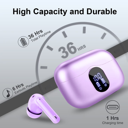 Btootos Wireless Earbuds, Bluetooth 5.4 Headphones Bass Stereo, Ear Buds with Noise Cancelling Mic, LED Display in Ear Earphones Clear Calls, IP7 Waterproof Bluetooth Earbuds for Laptop/Phones/Sports, Purple