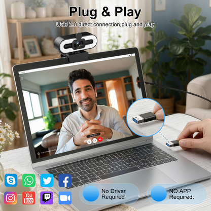 Geryst 2K HD Webcam with Autofocus, 3-Level Ring Light, 0.01Lux Low-Light Vision, 108° Wide-Angle USB Web Camera, Dual Noise-Canceling Mics, Privacy Cover & Tripod for PC Laptop, Streaming, Meetings, Black