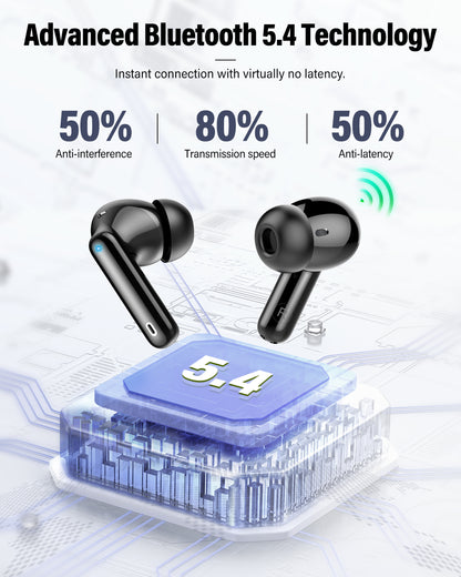 Btootos Wireless Earbuds, Bluetooth 5.4 Headphones Bass Stereo, Ear Buds with Noise Cancelling Mic, LED Display in Ear Earphones Clear Calls, IP7 Waterproof Bluetooth Earbuds for Phones/Sports/Laptop, Black