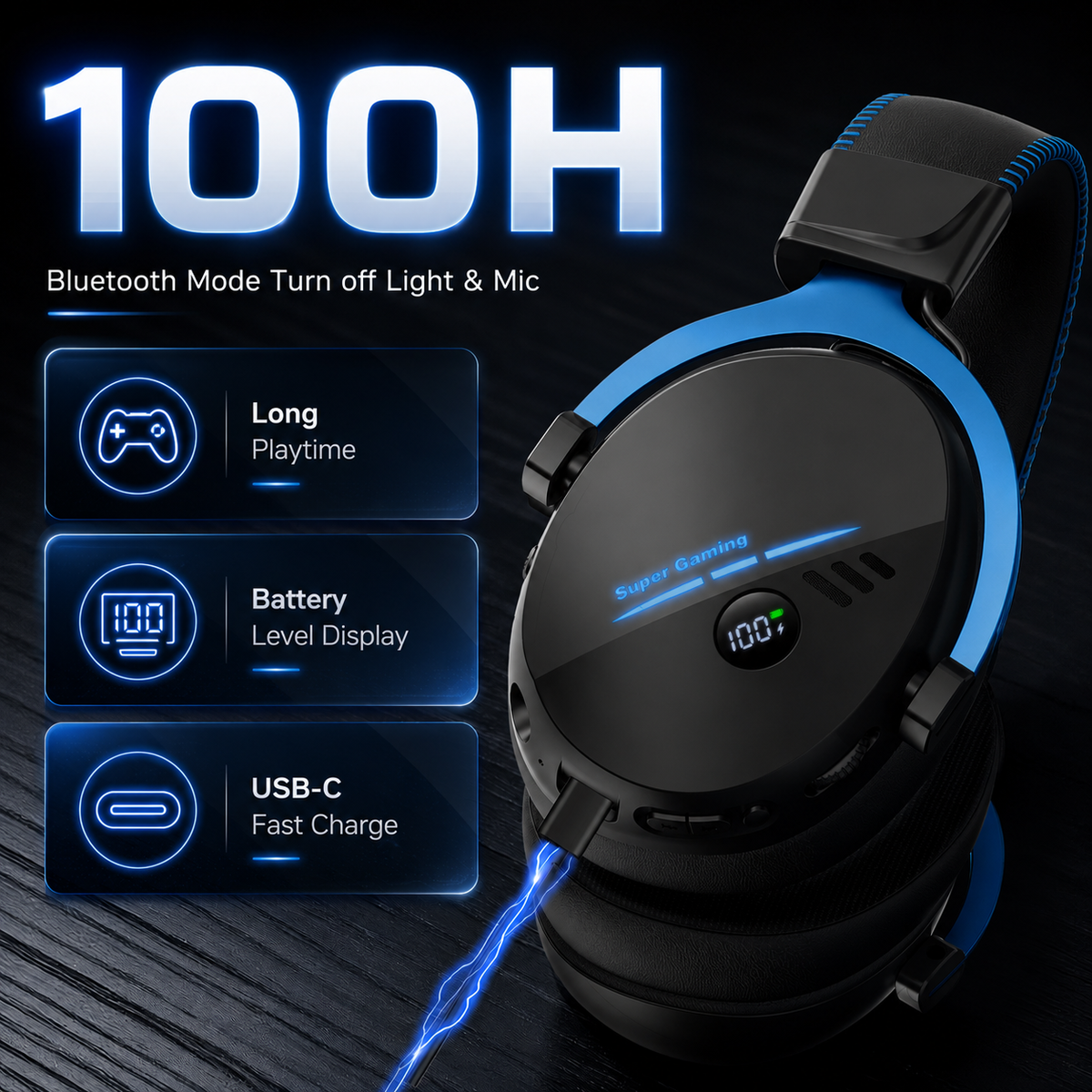 Geryst 2.4GHz Wireless Gaming Headset for PS5, PS4, Switch, PC, Bluetooth 6.0 over Ear Gaming Headphones with Detachable Mic, HD Stereo Sound, 50mm Drivers, LED Digital Display, RGB Lighting, 100H Playtime