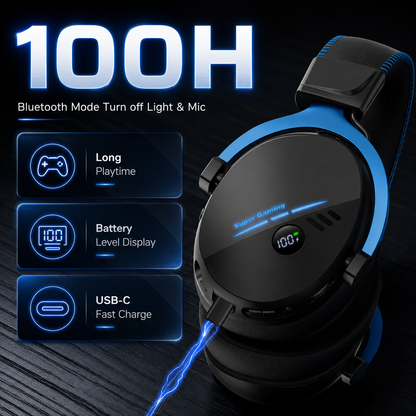 Geryst 2.4GHz Wireless Gaming Headset for PS5, PS4, Switch, PC, Bluetooth 6.0 over Ear Gaming Headphones with Detachable Mic, HD Stereo Sound, 50mm Drivers, LED Digital Display, RGB Lighting, 100H Playtime