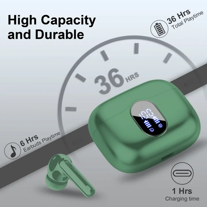 Btootos Wireless Earbuds, Bluetooth 5.4 Headphones Bass Stereo, Ear Buds with Noise Cancelling Mic, LED Display in Ear Earphones Clear Calls, IP7 Waterproof Bluetooth Earbuds for Laptop/Phones/Sports, Green