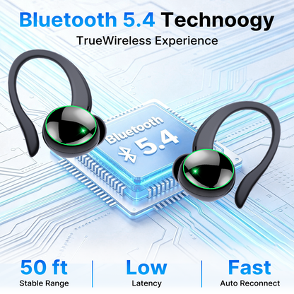 Btootos Wireless Earbuds, Bluetooth 5.4 Sports Headphones, 50H Playback Over Ear Earbuds with ENC Noise Cancelling Mic, Deep Bass Fitness Earphones Gym Running Workout with Earhooks, IP7 Waterproof Headset