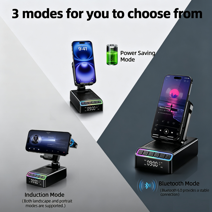 Geryst Wireless Induction Speaker/Phone Stand,9-in-1 Bluetooth 6.0 Speaker | (Landscape/Portrait)Induction,Stereo Sound,Adjustable Phone Holder,RGB/Alarm Clock,Home Office,Gifts for Men Women