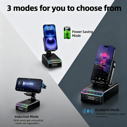 Geryst Wireless Induction Speaker/Phone Stand,9-in-1 Bluetooth 6.0 Speaker | (Landscape/Portrait)Induction,Stereo Sound,Adjustable Phone Holder,RGB/Alarm Clock,Home Office,Gifts for Men Women