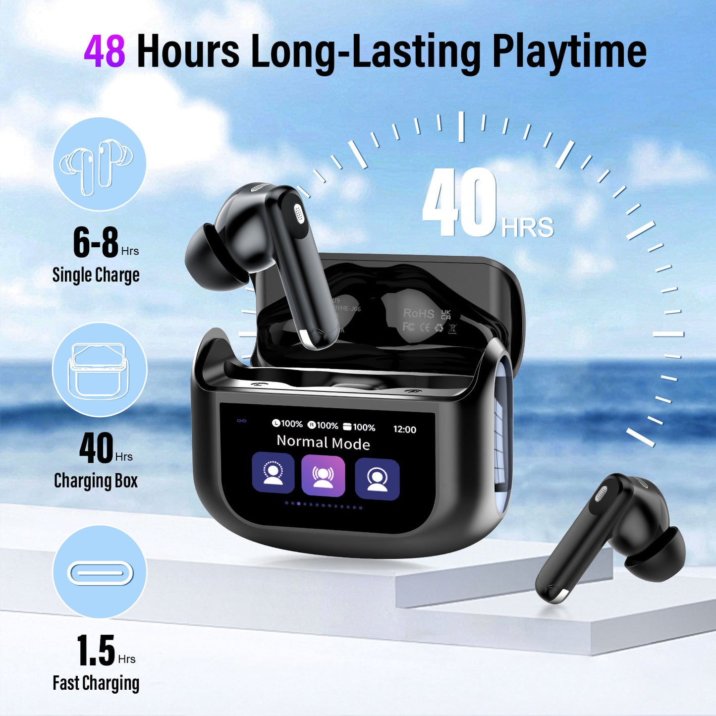 Aptkdoe Touch Screen Wireless Earbuds, Bluetooth 5.4 Ear Buds with Multifunctional with ENC Noise Cancelling MicClear Calls Earphones, 48H Bass Stereo Headphones, IP7 Waterproof Headphones for Workout