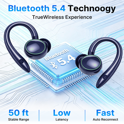Btootos Wireless Earbuds, Bluetooth 5.4 Sports Headphones, 50H Playback Over Ear Earbuds with ENC Noise Cancelling Mic, Deep Bass Fitness Earphones Gym Running Workout with Earhooks, IP7 Waterproof Headset