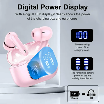 Btootos Wireless Earbuds, Bluetooth 5.4 Headphones Bass Stereo, Ear Buds with Noise Cancelling Mic, LED Display in Ear Earphones Clear Calls, IP7 Waterproof Bluetooth Earbuds for Laptop/Phones/Sports, Pink
