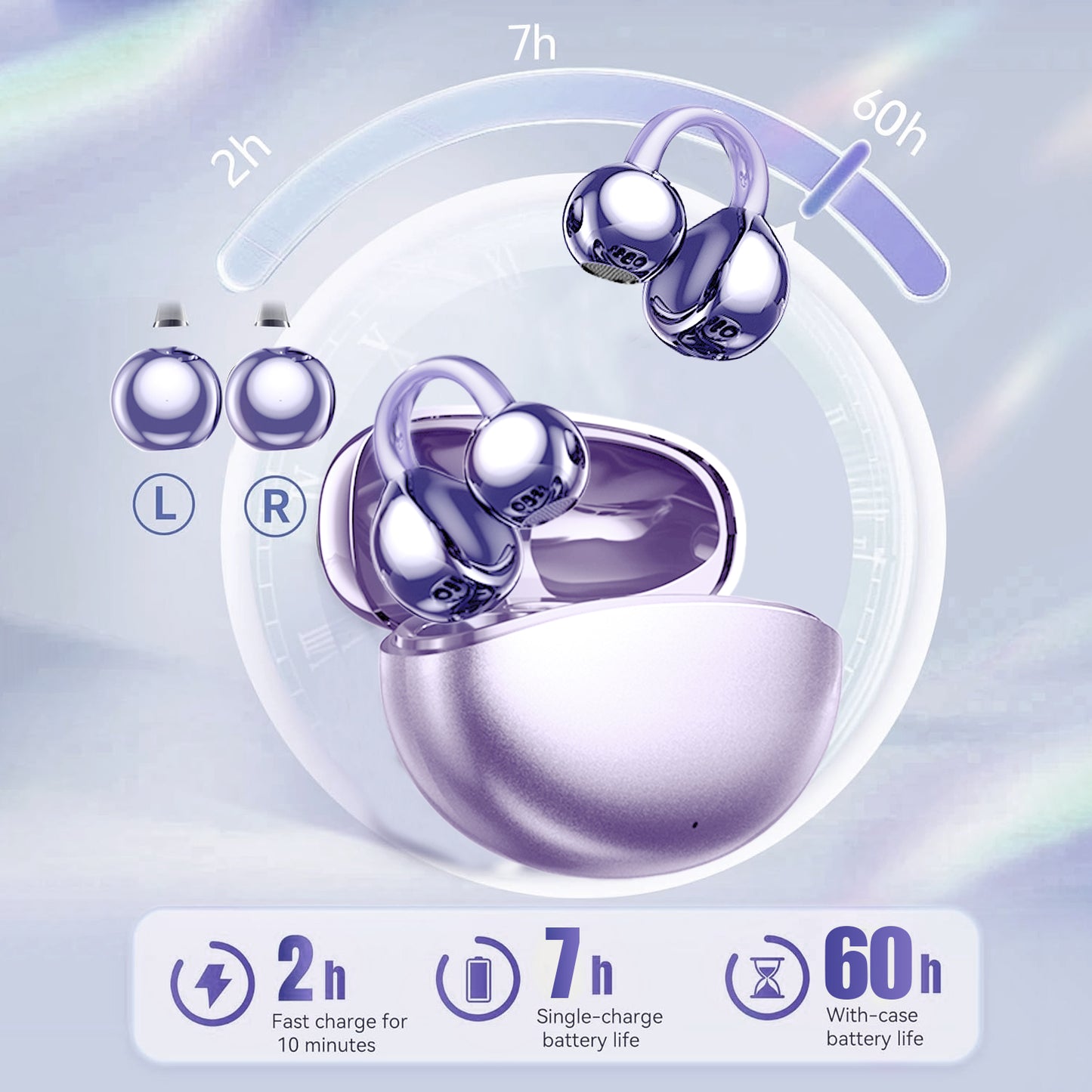 BTOOTOS Clip on Earbuds Bluetooth 5.4, Open Ear earbuds Wireless with Mic, Lightweight Comfort, Small-Ear Friendly Bluetooth Earbuds, 60H Sport Ear Buds, IP7 Waterproof Noise Cancelling Headphones, Purple