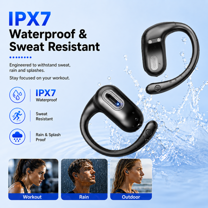 Geryst Open Ear Headphones, Open Earbuds with Comfortable Earhook, 58H Hifi Stereo Bone Conduction Earbuds with Mic, Noise Cancelling, Bluetooth 5.4 Earphones, IP7 Waterproof Wireless Earbuds for Running