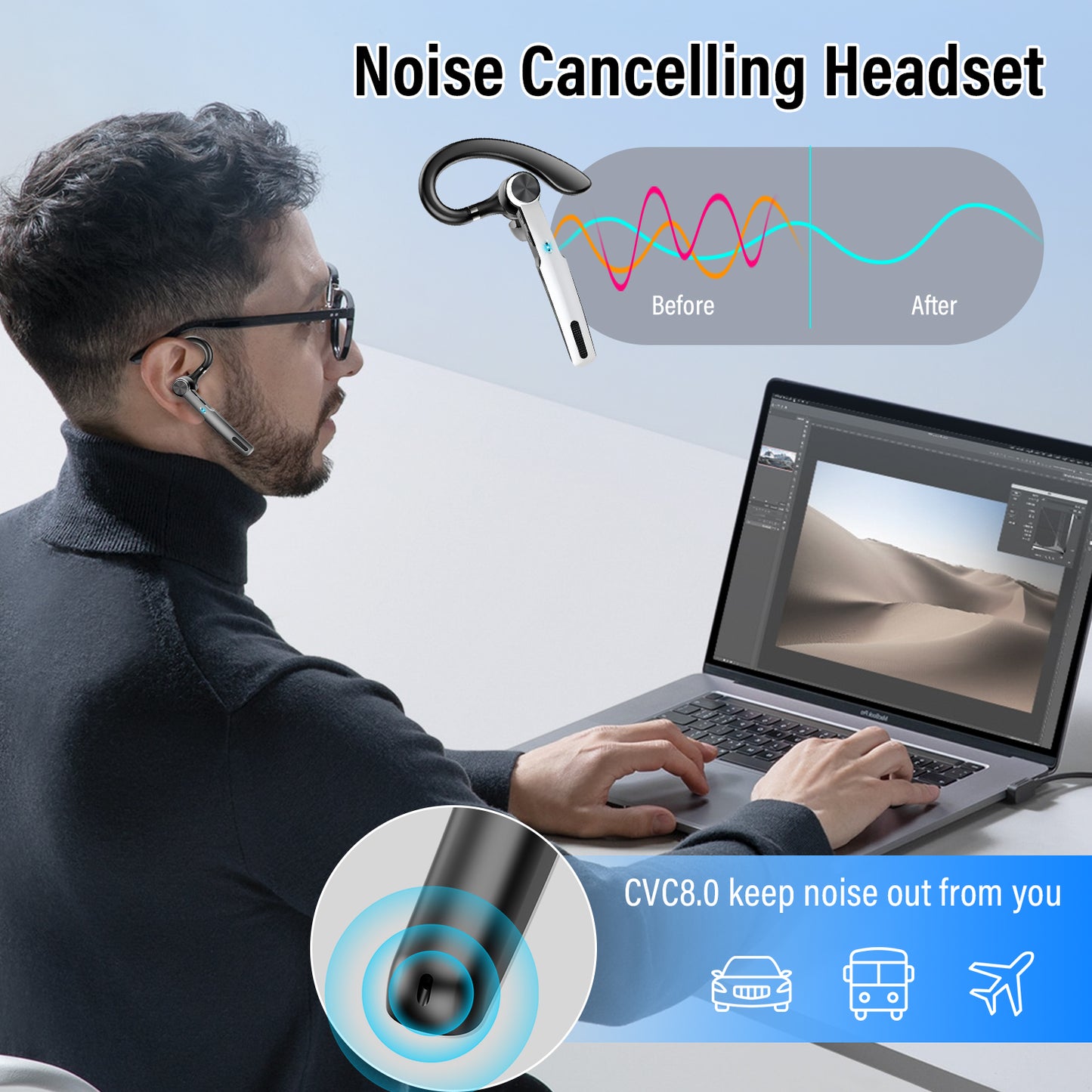 BTOOTOS Bluetooth Headset, Single-Ear Bluetooth Earpiece with ENC Mic with HiFi Stereo Sound, 72 Hours Talking Time Wireless Headset V5.3 with 400mAh Charging Case for iOS Android Cell Phones, White