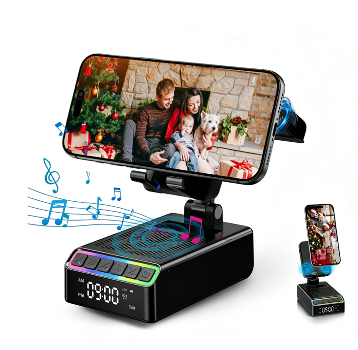 Geryst Wireless Induction Speaker/Phone Stand,9-in-1 Bluetooth 6.0 Speaker | (Landscape/Portrait)Induction,Stereo Sound,Adjustable Phone Holder,RGB/Alarm Clock,Home Office,Gifts for Men Women