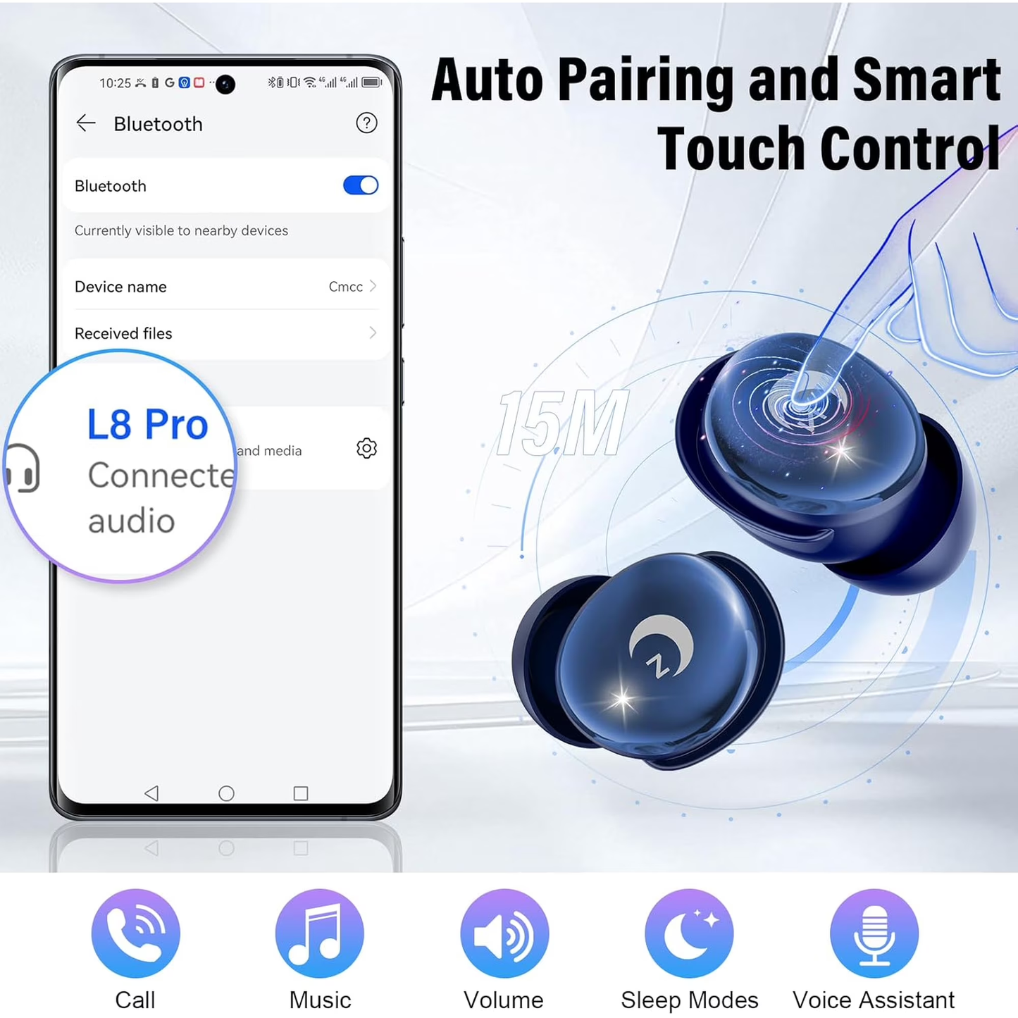 Btootos Sleep Earbuds Bluetooth 5.4 in Ear Smart Touch Screen Headphones, 48H Noise Cancelling Ear Buds with 5 EQ Modes, Mini Wireless Headphones Small Design for Side Sleepers, Clear Calls Earphones, IPX7