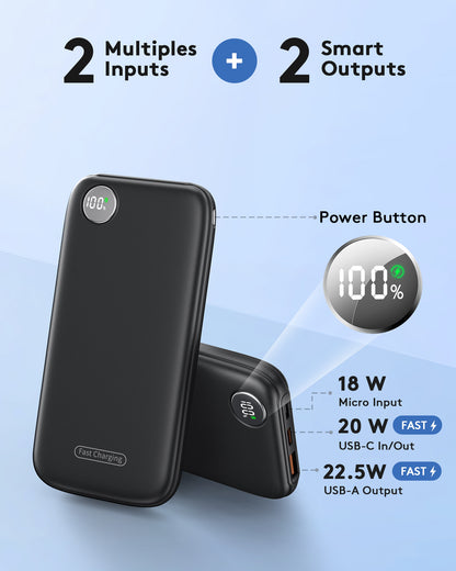 Btootos Fast Charging Power Bank, 10000mah Portable Charger for iPhone, 22.5W USB C in&Out Battery Pack Phone Charger Portable, Slim Powerbank for iPhone 17/16/15 Series, Samsung, Google,Android